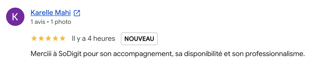 Avis Google sur le travail de SoDigit Consulting