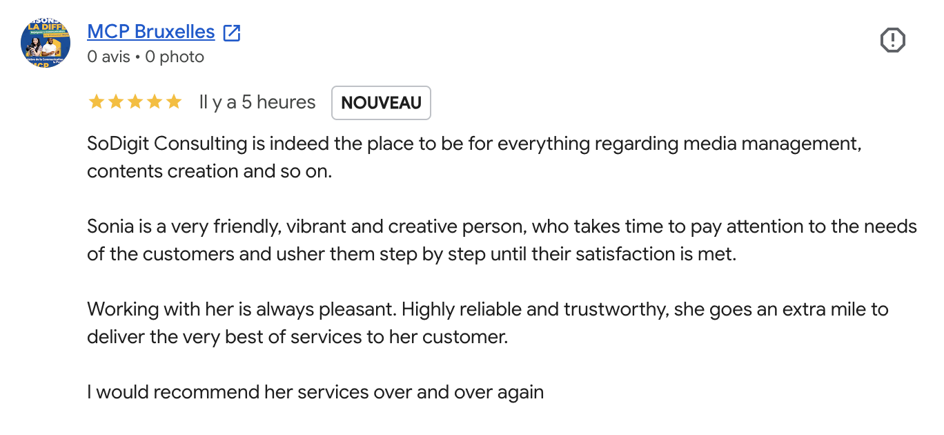 Témoignage publié sur Google concernant SoDigit Consulting
