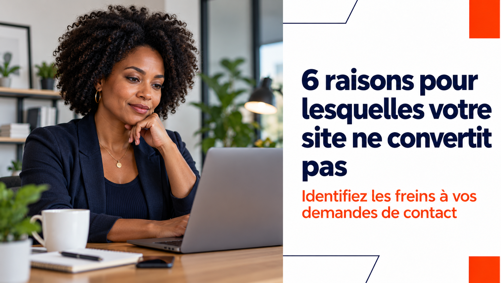 Une professionnelle consulte son site web qui ne convertit pas assez de visiteurs en demandes de contact