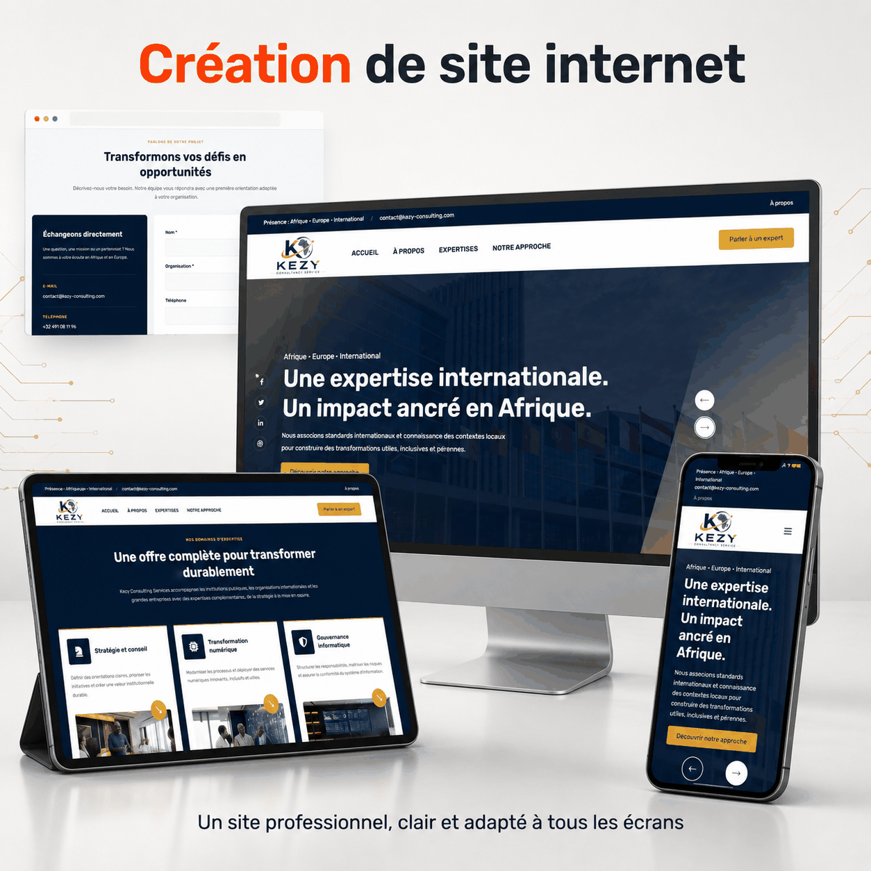 Site responsive de Kezy Consulting affiché sur plusieurs écrans